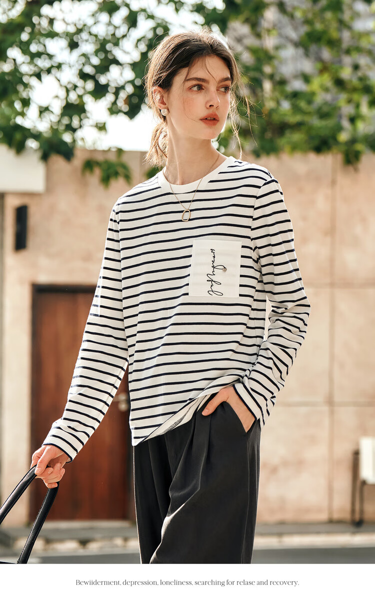 Olrain Women's Striped Long Sleeve T-Shirt Spring Design Pocket Embroidery Top Striped (Upgraded) M 11
