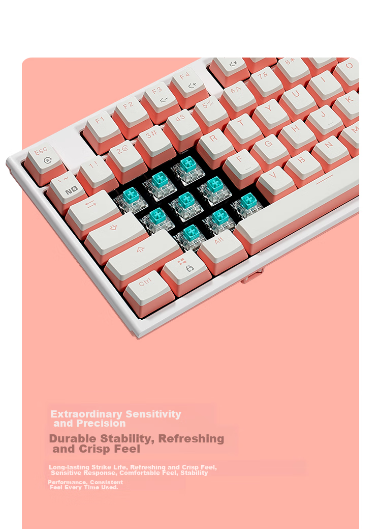 Hyeku X3 Wired/wireless 2.4G Dual-Mode Gaming Mechanical Keyboard, 87 Keys, PBT Keycaps, Kaikhua BOX New Switch, Peach Bubble Water, Kaikhua Rose Red Switch with Clip And Wrist Rest 5