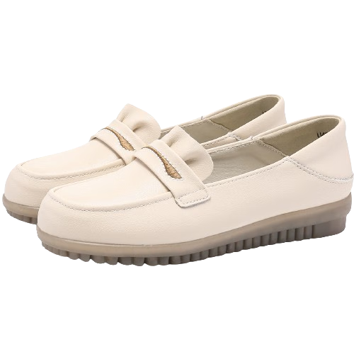 MULINSEN Women's Loafers, 2026 Autumn And Winter New Style Flat Leather Shoes, Slip-On Peas Shoes, Women's Flats, Beige, Size 37