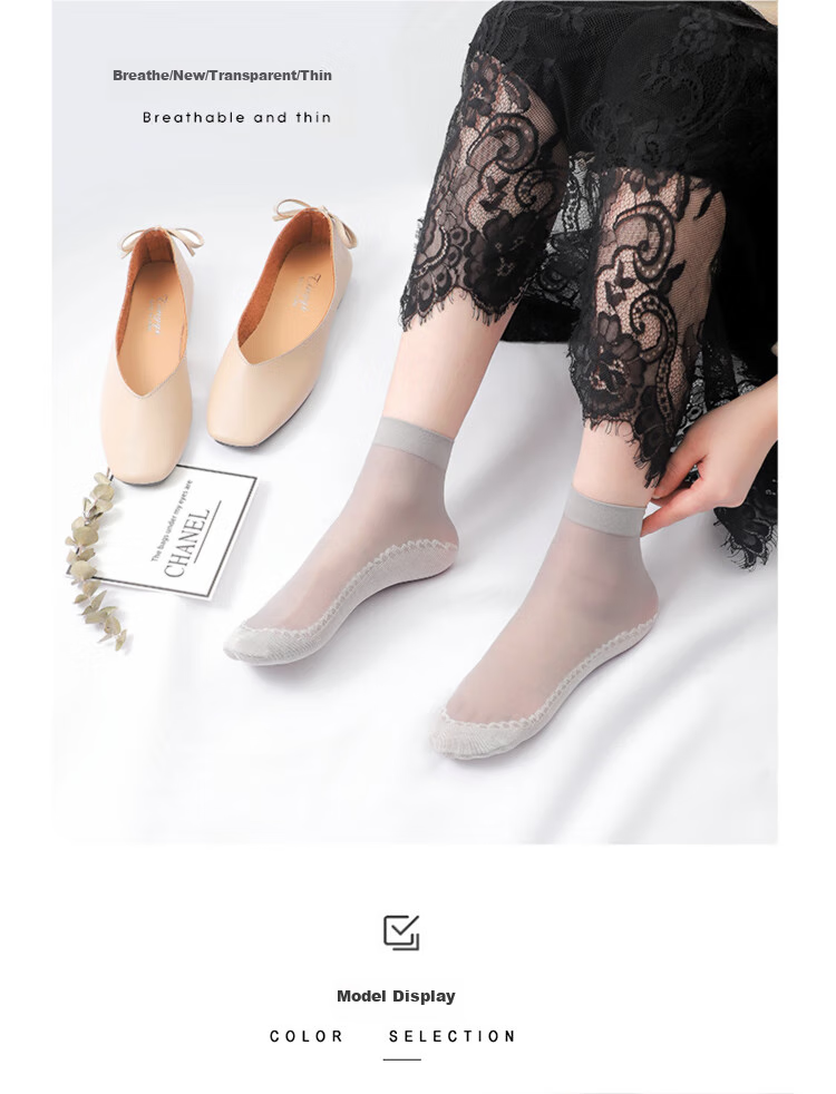 LangSha Women's Silk Stockings, 10 Pairs Thin Style, Trendy Mid-Calf Spring And Summer Black Nude Cotton-Feel Short Socks, Skin Color 10 Pairs, One Size Fits All 11