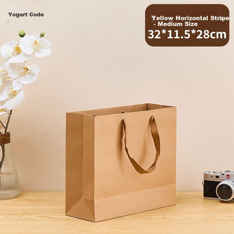 Yougema Thick Kraft Paper Gift Bags, Handbags for Clothing And Tea, Mid-Autumn Festival Gift Packaging, Business Meeting Paper Bags, Natural Color Horizontal Style Medium Size, Pack of 10, 32*11.5*28cm