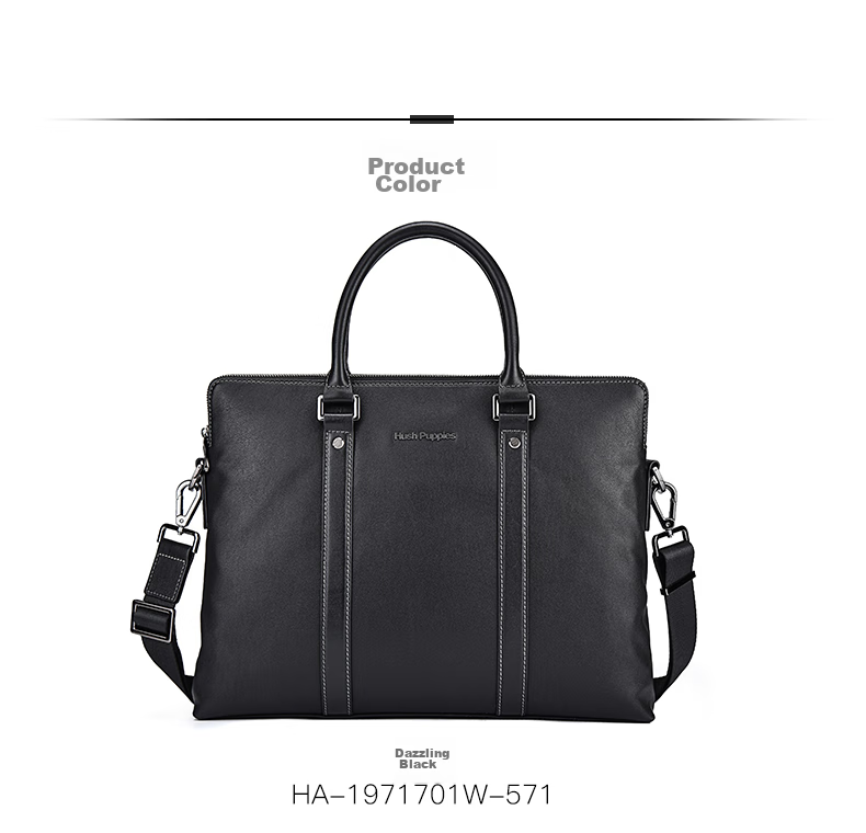Hush Puppies Briefcase for Men, Top-Grain Leather, Shoulder Crossbody Handbag, Men's Business Laptop Bag, Father's Day Gift for Boyfriend, Black 16
