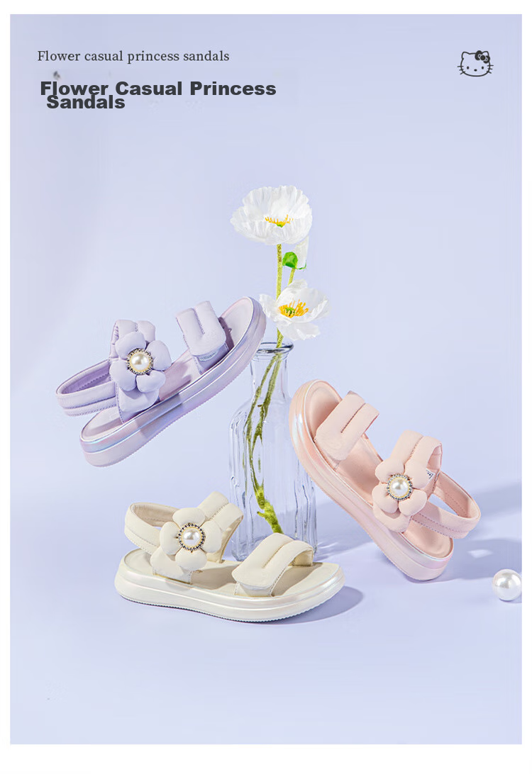 HELLOKITTY Girls' Sandals, Summer Princess Flower Style with Single Strap, Trendy Open-Toe Beach Sandals, 6823 Pink, Size 32 1
