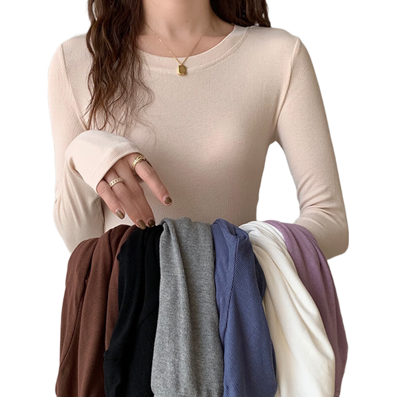 YUZHAOLIN Women's Base Layer Top for Spring And Autumn, Thin Undershirt, Round Neck Ribbed Black And White Long-Sleeve T-Shirt for Fall And Winter