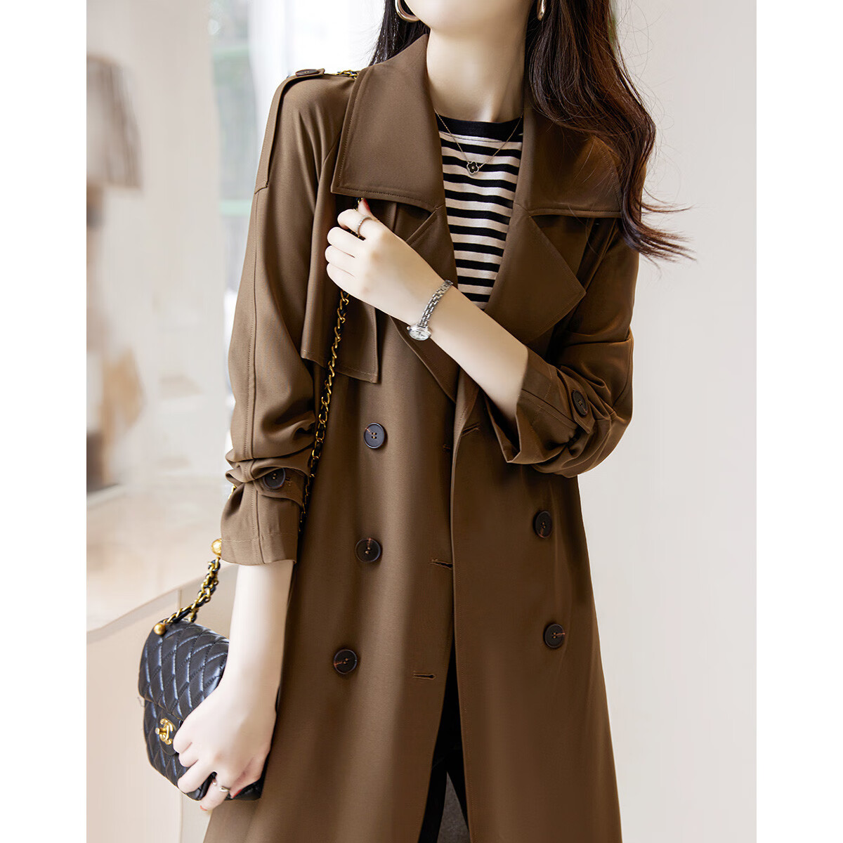 Dme Lace-Up Trench Coat Spring Autumn Commuter Blazer Collar Straight Long Sleeve Double-Breasted Long Trench Coat for Women