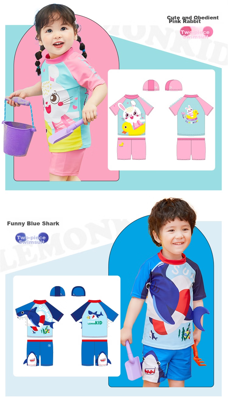 Lemonkid Children's Two-Piece Swimsuit Set for Boys And Girls, Baby Swimwear with Trunks, Sea Blue Funny Shark Design, Size 130 6