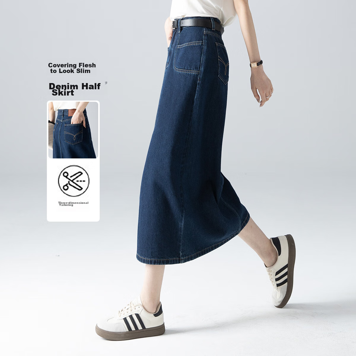 Dme New High-Waisted Retro Straight Loose A-Line Mid-Length Denim Skirt for Women, Dark Blue, Size 29