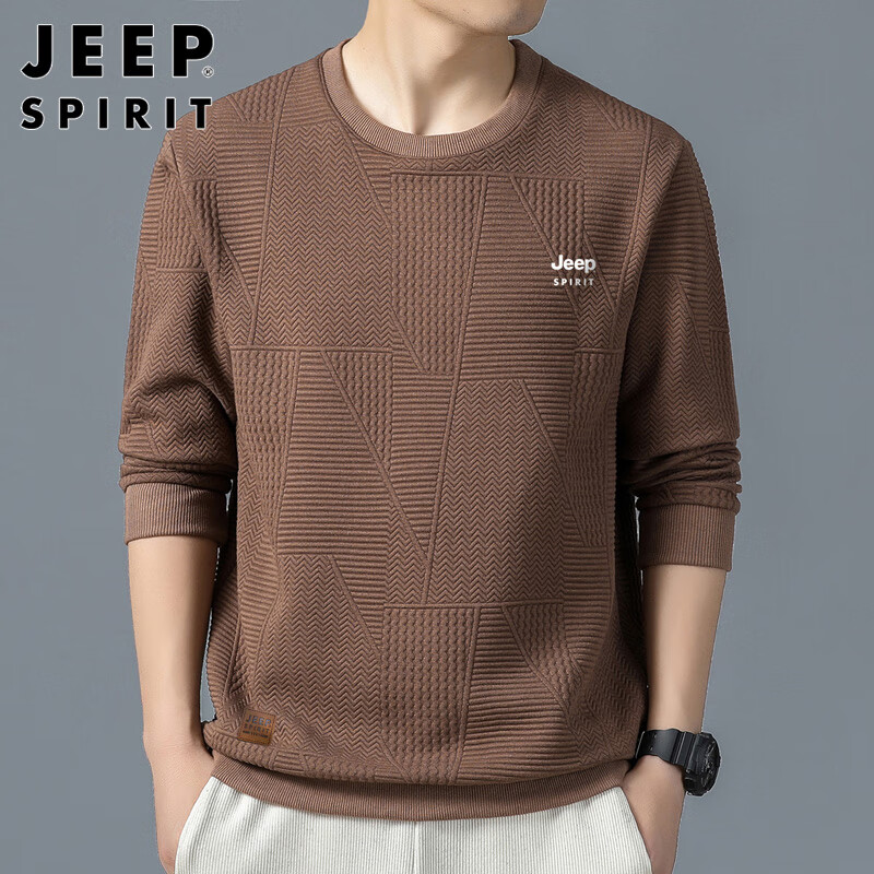 JEEP SPIRIT Men's Sweatshirt, Spring Men's Jacket, Long-Sleeve T-Shirt, Casual Menswear, Coffee Color, Size 4XL