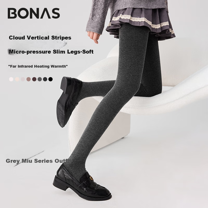 BONAS 26 New Women's Leggings with Fleece Lining, Bare-Leg Effect, Autumn And Winter Cotton Vertical Striped Thick Warm Slimming Tights