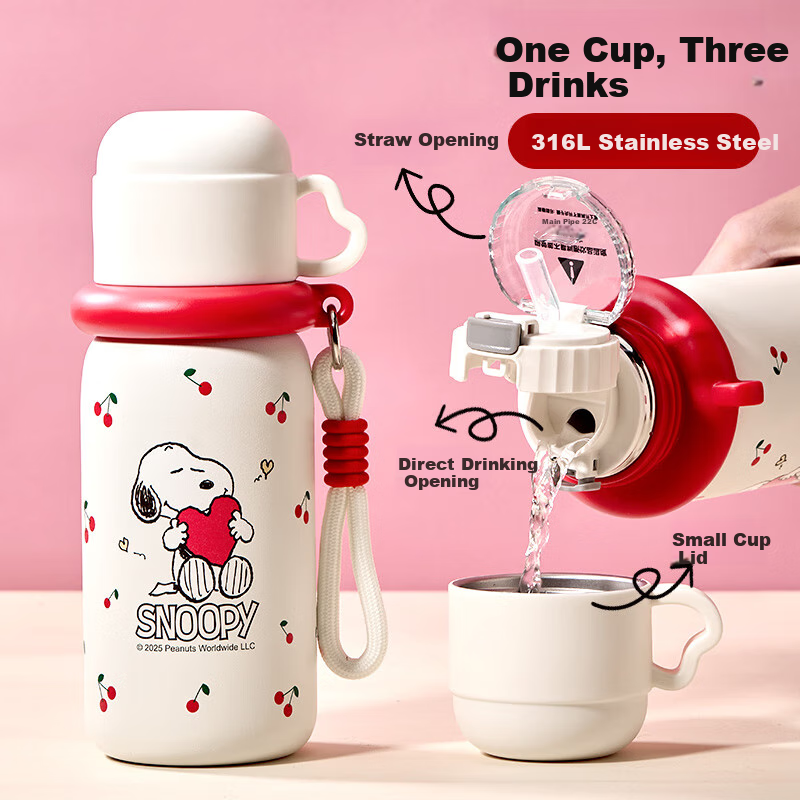 Детская термокружка SNOOPY из нержавеющей стали 316L, большой объем, с трубочкой для мальчиков и девочек, портативная бутылка для воды для студентов, специальная кружка для питья, белая