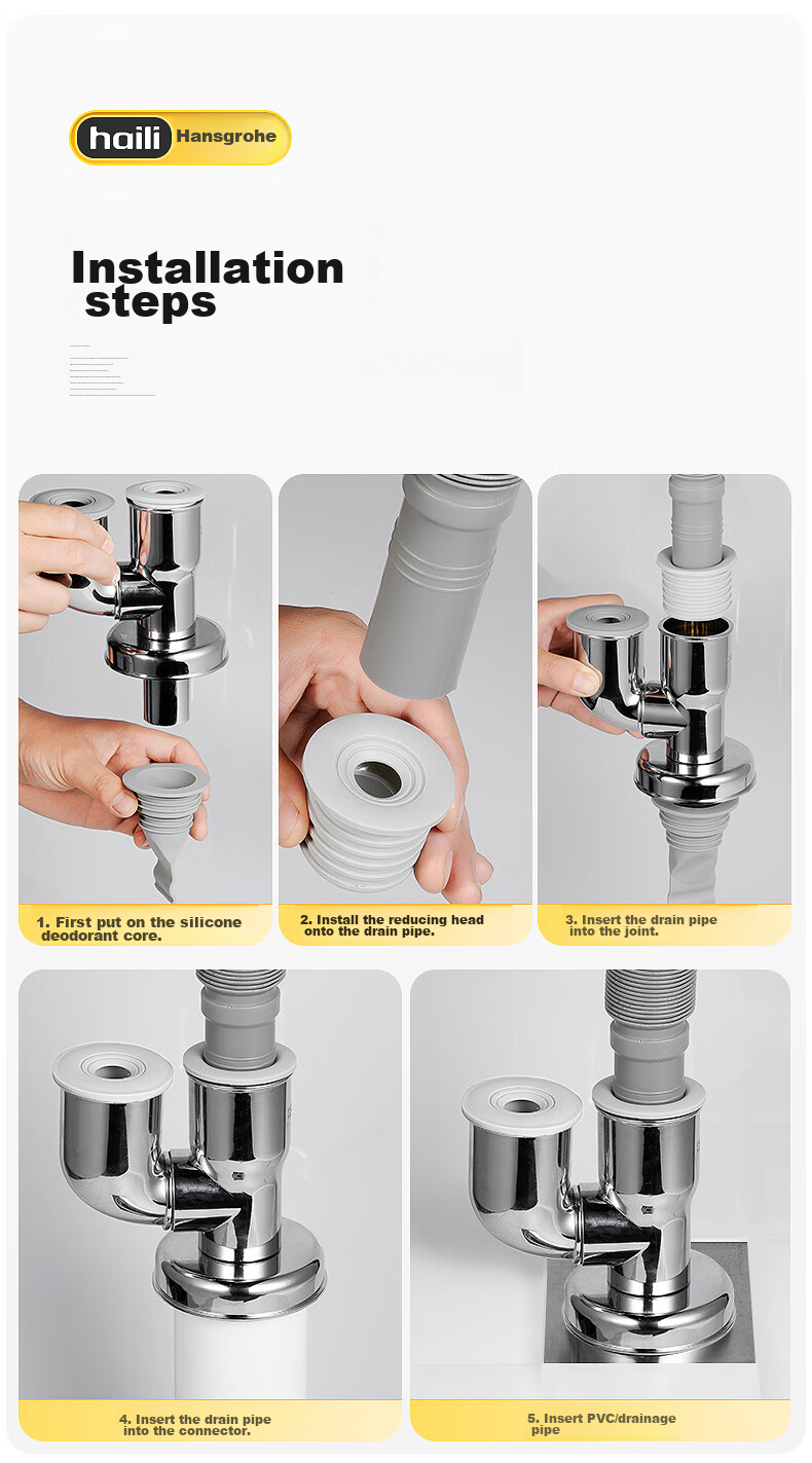 Haili Washing Machine Floor Drain Four-Way Connector, Drainage Pipe, Multifunctional ABS Kitchen Sink Drainpipe, Anti-Odor, Anti-Overflow, Universal DF4 19