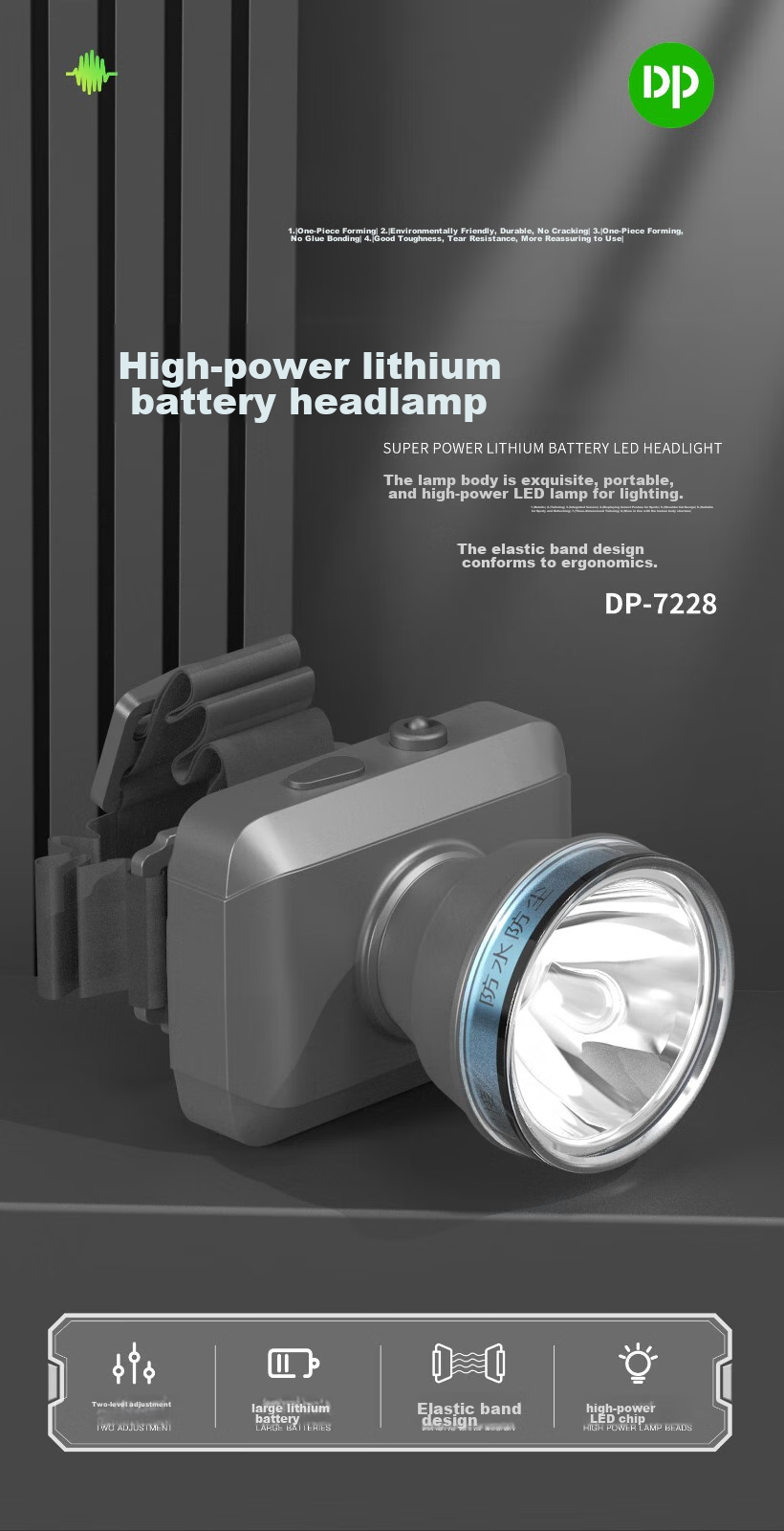 DP High-Brightness Headlamp, Ultra-Bright Head-Mounted Lithium Battery Flashlight, Outdoor Lighting, Night Fishing Long-Range Mining Lamp LED-7228 1