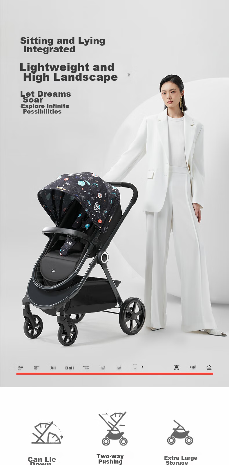 Gb Stroller with Reclining And Sitting Positions, Reversible, High Landscape View, Foldable Baby Carriage GB101 3