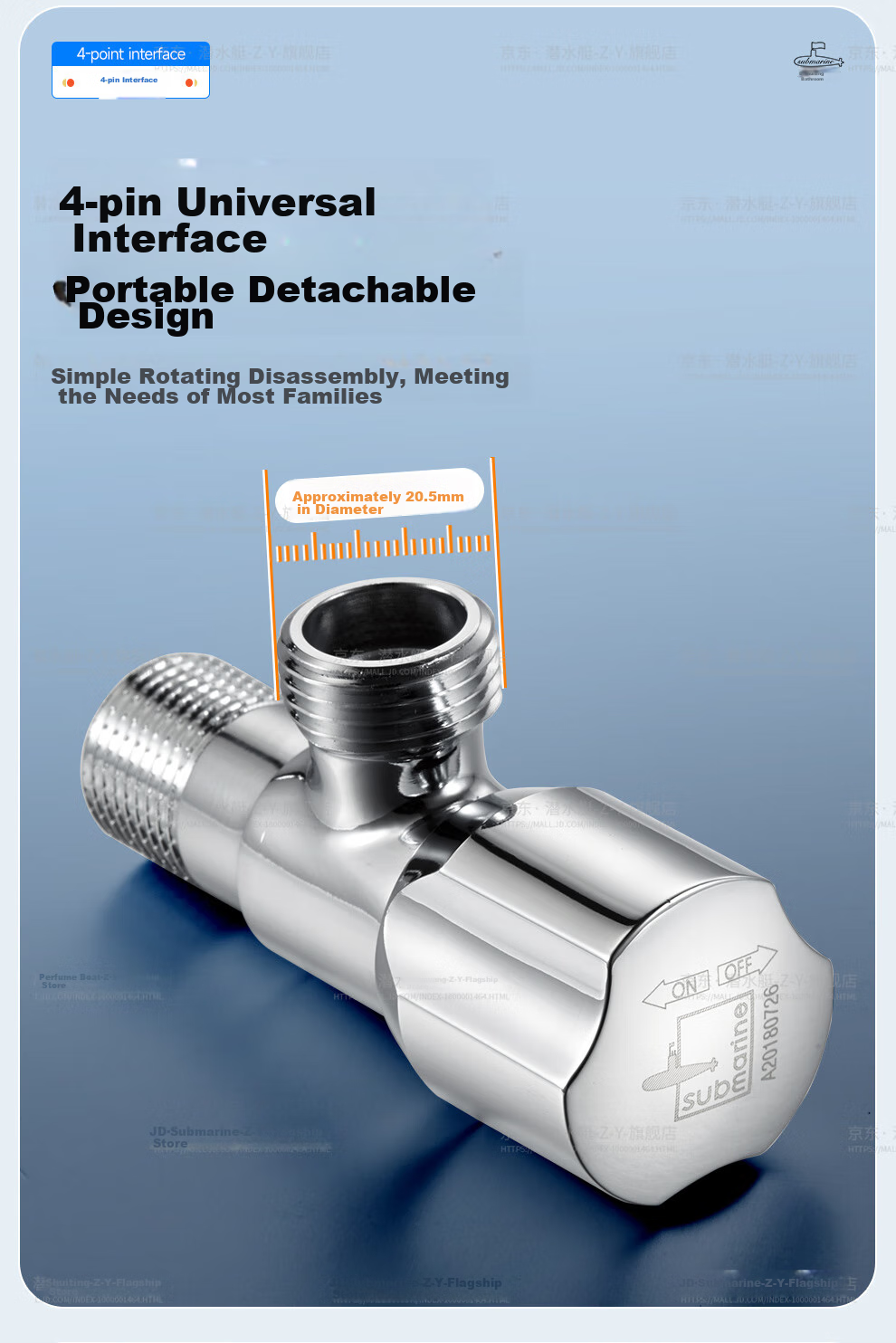 Submarine F202 Brass Chrome-Plated Angle Valve, National Standard 1/2 Inch, Ceramic Valve Core, Cold And Hot Water Angle Valve 7