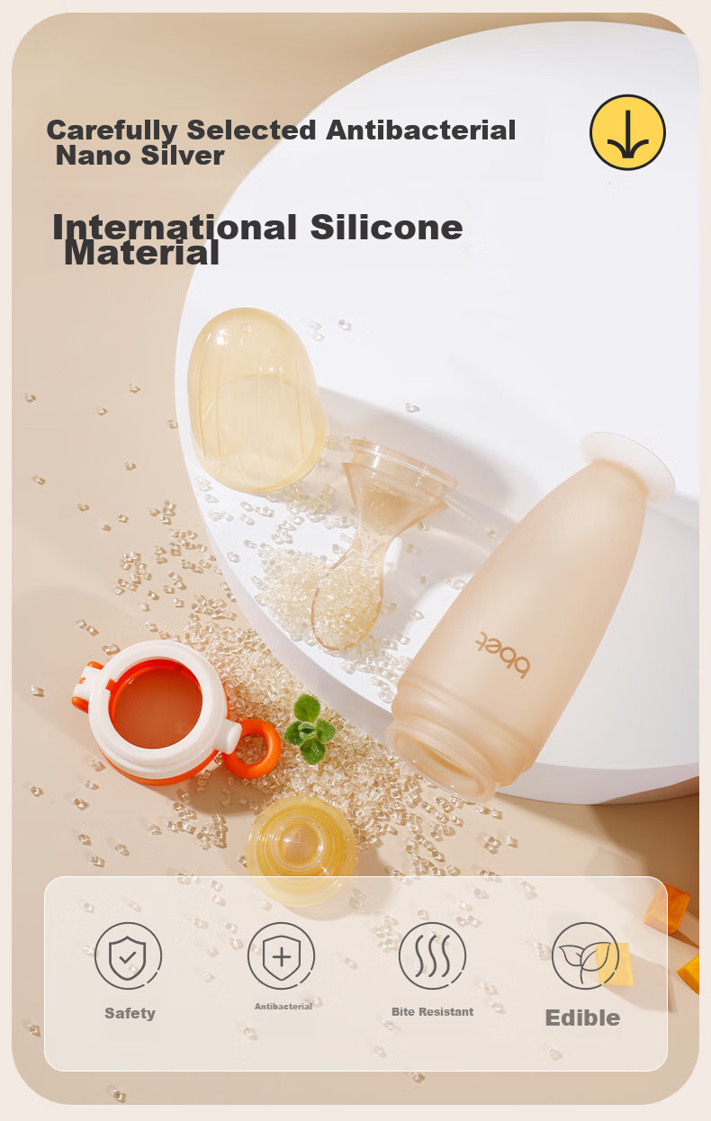 Barbie Elephant Baby Rice Paste Spoon And Bottle, Silicone Large Capacity Squeeze Feeding Tool for Complementary Food, Newborn Gift Box, Orange 9