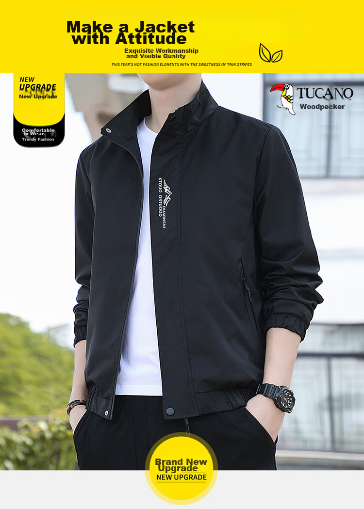 TUCANO Jacket for Men, Spring And Autumn Loose Fit Stand Collar Versatile Casual Coat Trendy Comfortable Outerwear Men's Clothing, Black, 3XL 2