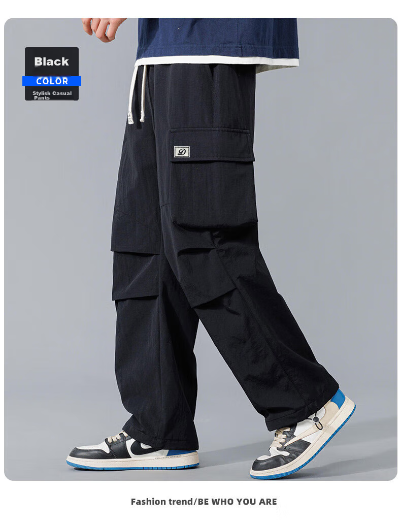 Dingfengbaoluo American-Style Cargo Casual Pants for Men, Spring And Summer Trendy Versatile Loose Paratrooper Tactical Trousers, DDF32 Black M 13