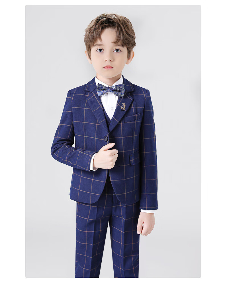 Romon Children's Suit Vest Set Boys Host Formal British Style Flower Boy Piano Performance Navy Plaid 130 16