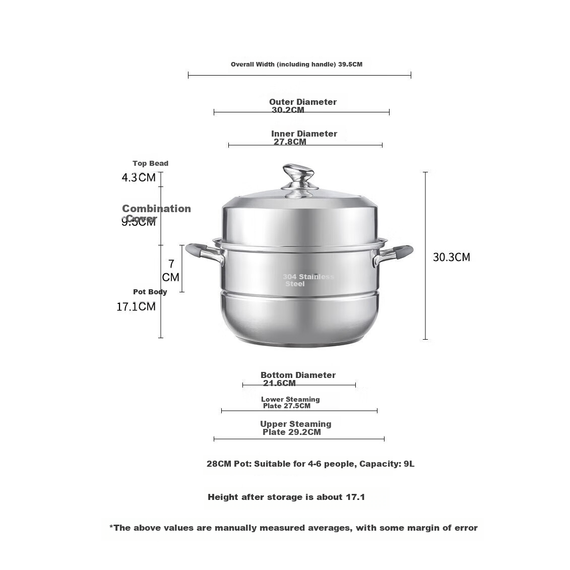 JD Original Steamer Pot Gas Stove 304 Stainless Steel Steamer And Cooker Dual-Use Steamer Basket Compatible with Induction Cooker Two-Layer Thickened 28CM