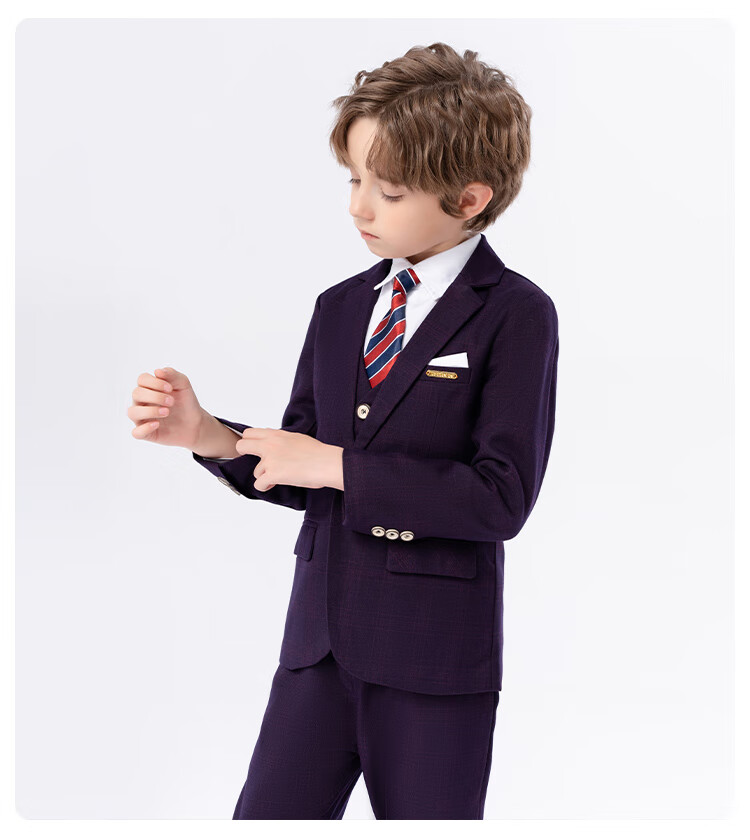 LUOBOBEIBEI Boys' Suit Spring Formal Wear Set, Children's Stylish Small Suit, Piano Greeting Outfit, Blue Plaid Five-Piece Set, Size 120 10
