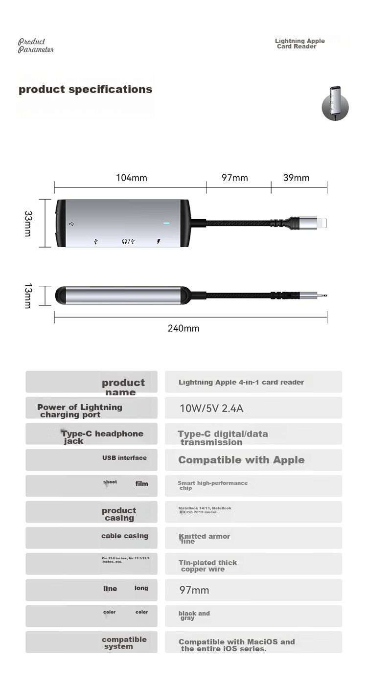 DOOSEYUON Apple Phone Adapter, Type-C Four-In Card Reader, OTG TF Card, High-Speed Transfer, Compatible with Apple Devices, IPad Mini, Handheld Game Fast Charging 14