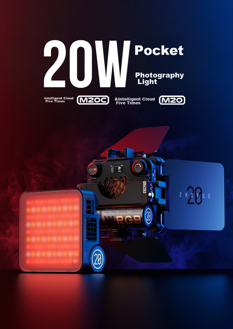 Zhiyun Five-Fold Fill Light M20, Live Streaming Fill Light, Indoor LED Handheld Portable Pocket Outdoor Professional Shooting Photography Lighting Continuous Light M20 COMBO 5