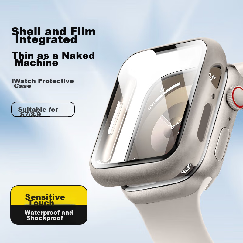 Mashi Compatible with Apple Watch Protective Case for S8, IWatch S9 Case with Integrated Screen Protector, Full Coverage Tempered Glass Film for Apple Watch, Shockproof And Scratch-Resistant, Starlight Color, 41mm