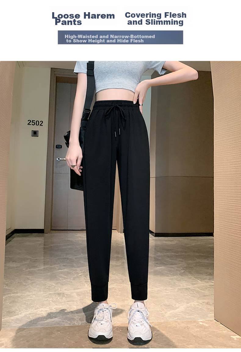 XUEXIMAN Ice Silk Sports Pants for Women, Summer Lightweight Loose Casual Pants, Elastic Ankle Harem Black Slimming Quick-Dry Women's Trousers Black 8