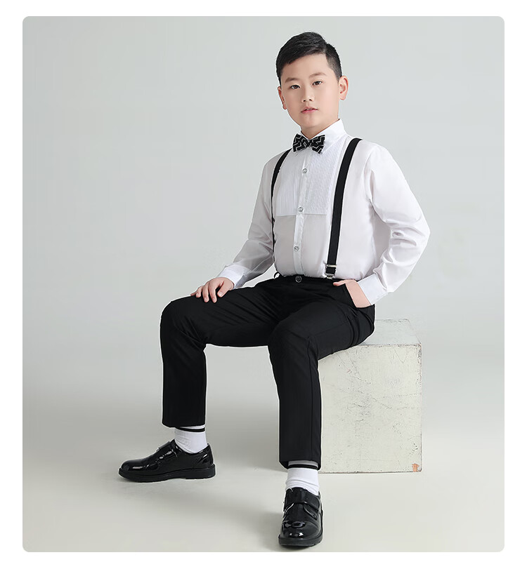 LUOBOBEIBEI Plus-Size Boys' Formal Wear, New Year's Outfit for Older Children, Enlarged Shirt And Suspender Pants, Black Four-Piece Set, Size 150 14