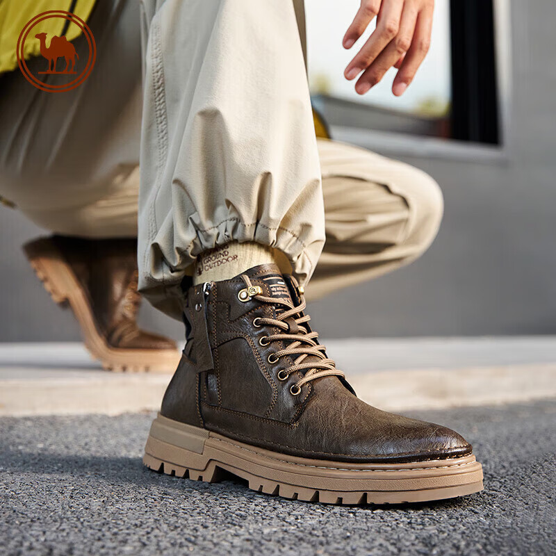CAMEL Brand Martin Boots, Outdoor Casual Work Boots, British Style Motorcycle Men's Shoes, P14W342602, Khaki, Size 40
