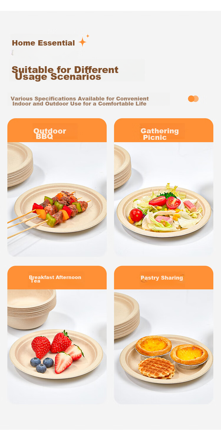 SHUANG YU Sugarcane Pulp Paper Plates, Bowls, Disposable Tableware, Waterproof And Oil-Resistant, Natural Color, Biodegradable Round Plates, 9 Inches, Pack of 20 8