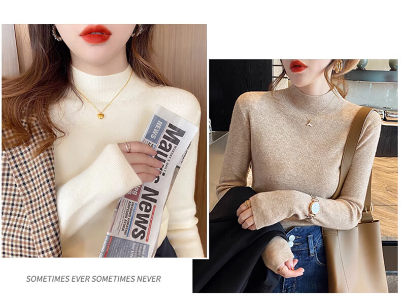 XUEXIMAN Semi-Turtleneck Base Layer for Women, Autumn And Winter Solid Color High-End Base Shirt, Versatile Slimming Knitted Sweater Suitable for Outer Wear 7