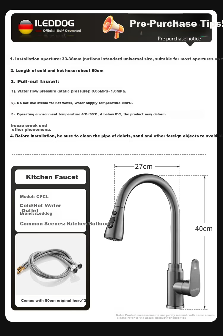 ILeddog [Germany] Kitchen Faucet, Thickened Stainless Steel, Pull-Out And Extendable, Sink Sprayer, Anti-Splash Hot And Cold Tap CPCL 1