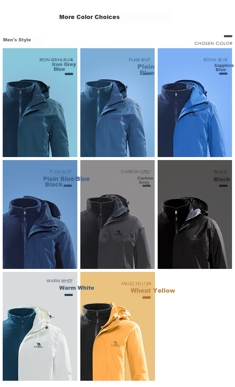 CAMEL Outdoor Jacket, Three-In Fleece-Lined Thickened Waterproof Couple's Coat, Mountaineering Clothing, A9W114120-1 13