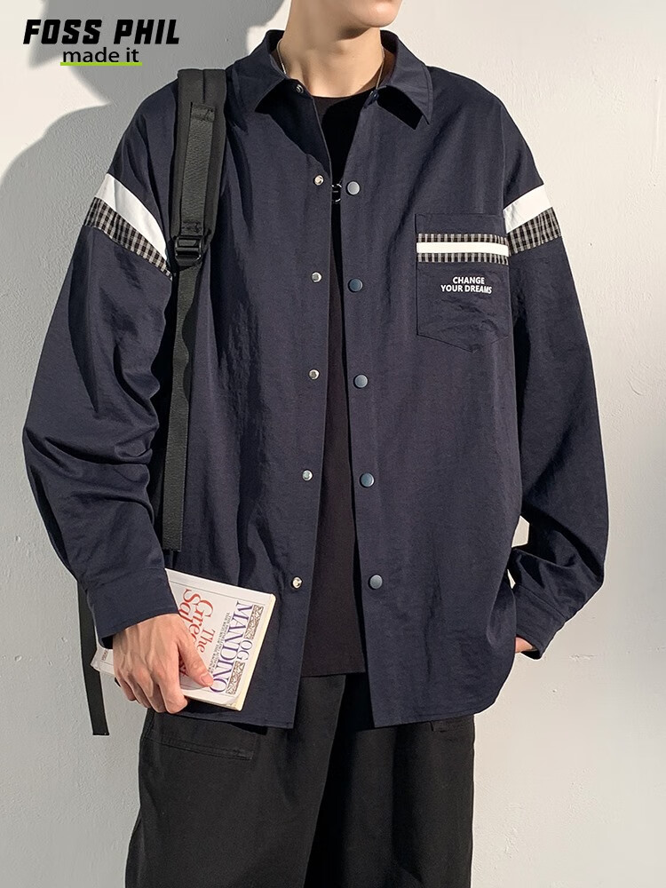 Foss Phil Men's Long-Sleeve Shirt, Spring And Autumn Hong Kong Style Casual Top, Loose-Fitting Jacket, Versatile Men's Shirt CXCS1 Navy Blue M 6