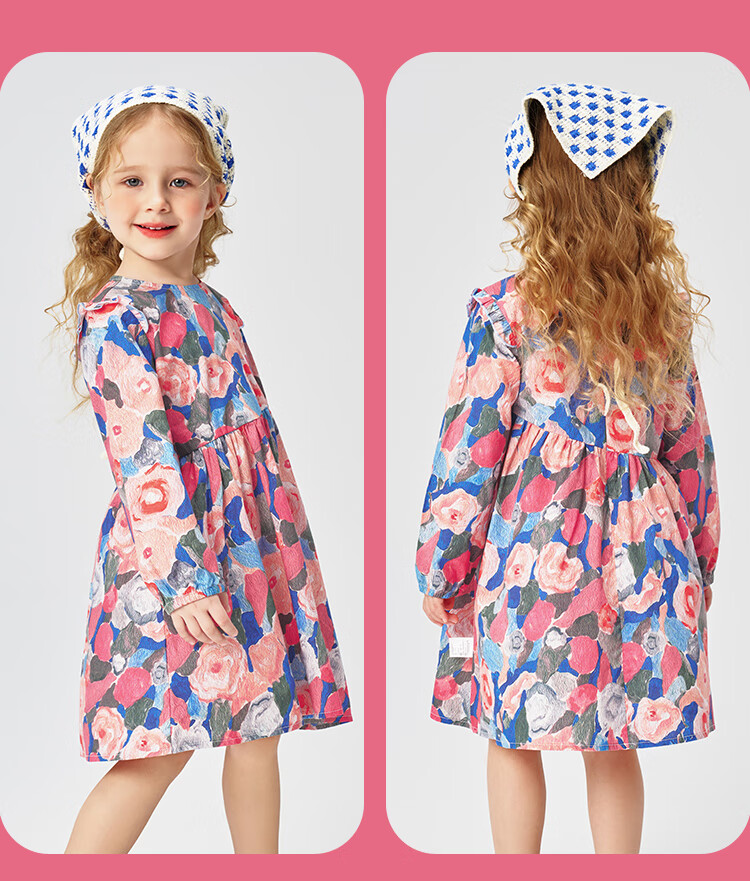 Classic Teddy Girls' Dress, Children's One-Piece Dress, Pure Cotton Princess Dress for Young Children, Floral Long Dress, Pink, Size 110 7