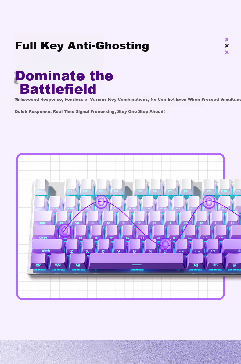 HP Mechanical Keyboard, Wired for Office And Gaming, Desktop And Laptop Use, Side-Engraved Gradient Purple And Blue Switches, 104 Keys 8