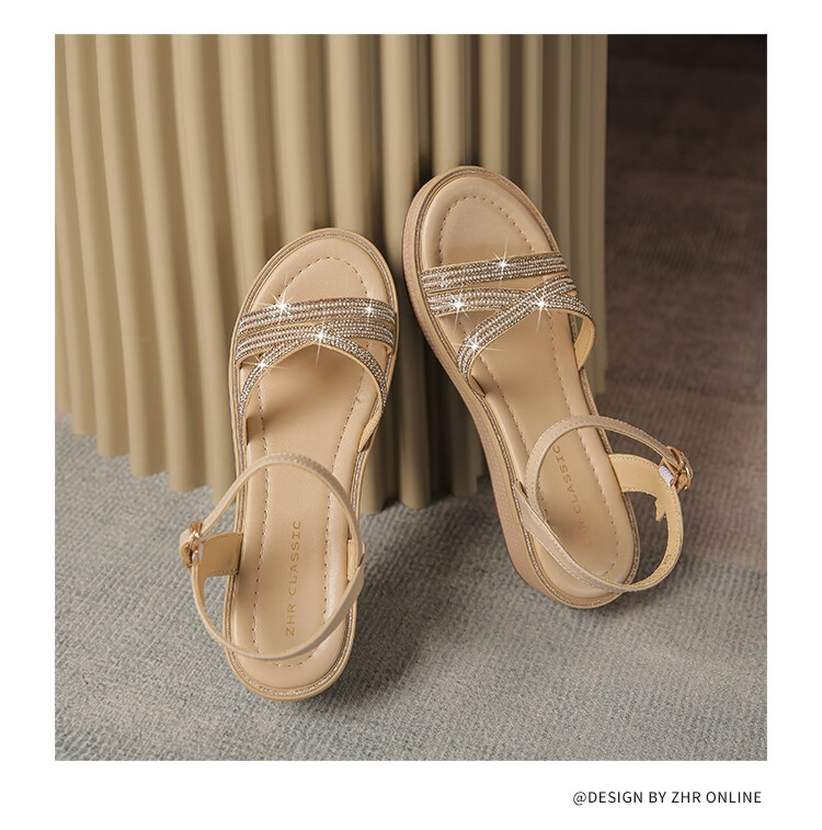 ZHR Women's Shoes, Summer Wedge Versatile Sandals, Fashionable Rhinestone Platform Slimming Beach Shoes for Women, AY161, Apricot Color, Size 35 17