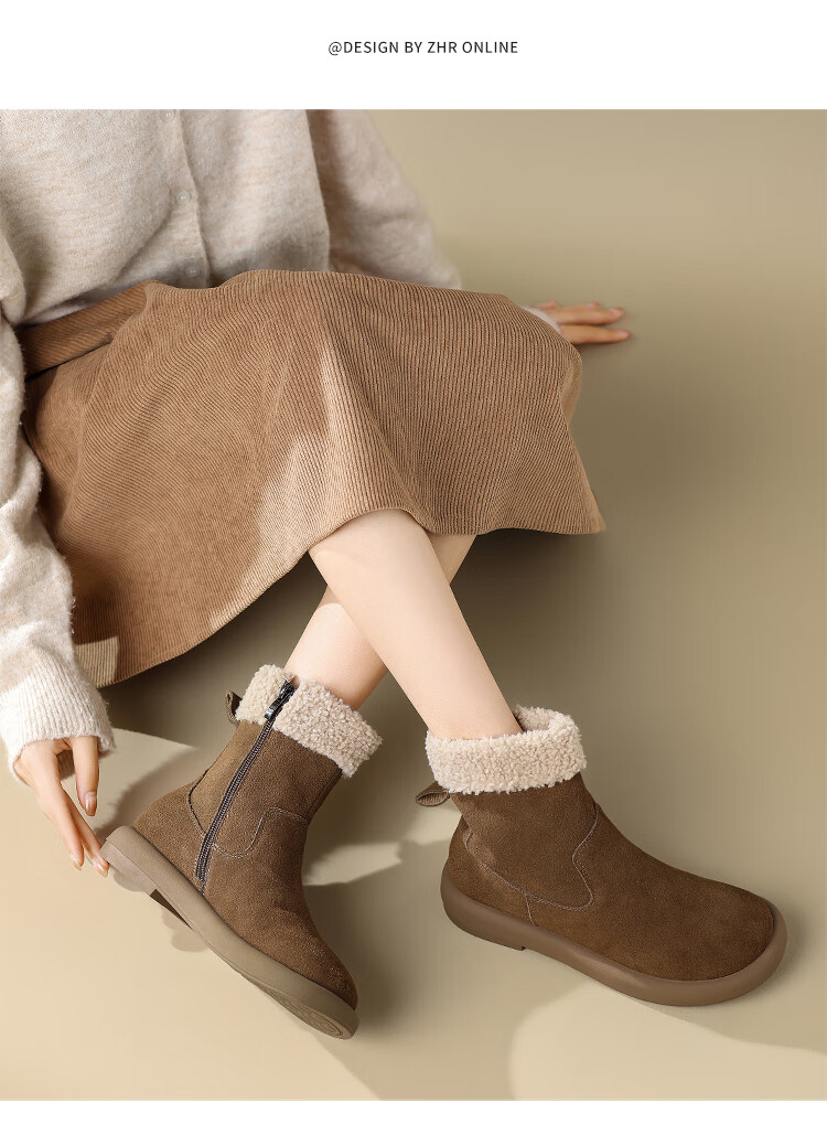 ZHR Snow Boots for Women, 2025 New Winter Style, Fleece-Lined Thick Women's Boots, Sheepskin Flat Ankle Boots for Women, EH97A Brown Size 40 19