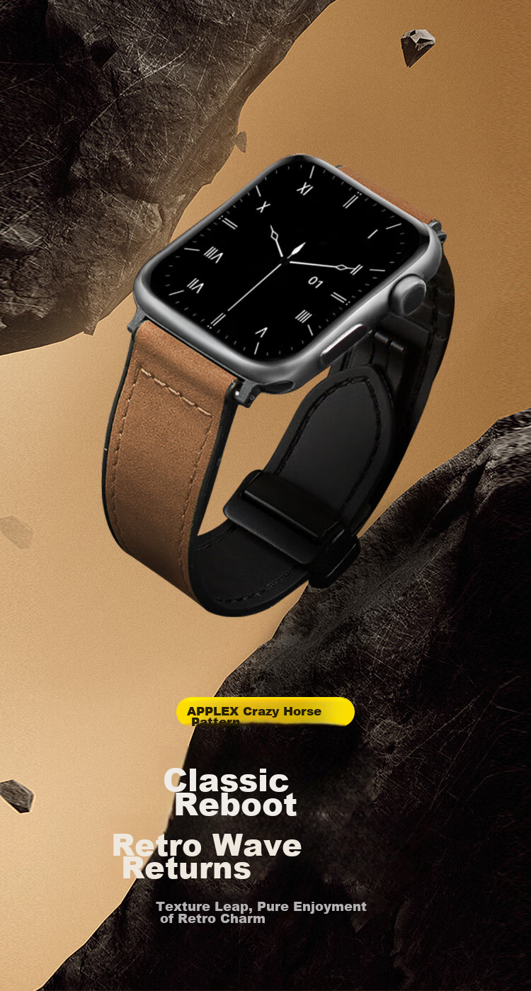 MSSM Compatible Apple Watch Band, Apple Watch Crazy Horse Pattern Magnetic Buckle Genuine Leather IWatch Strap S12/11/ultra4/S10/9/8/SE3, Dark Brown, 38-42 1