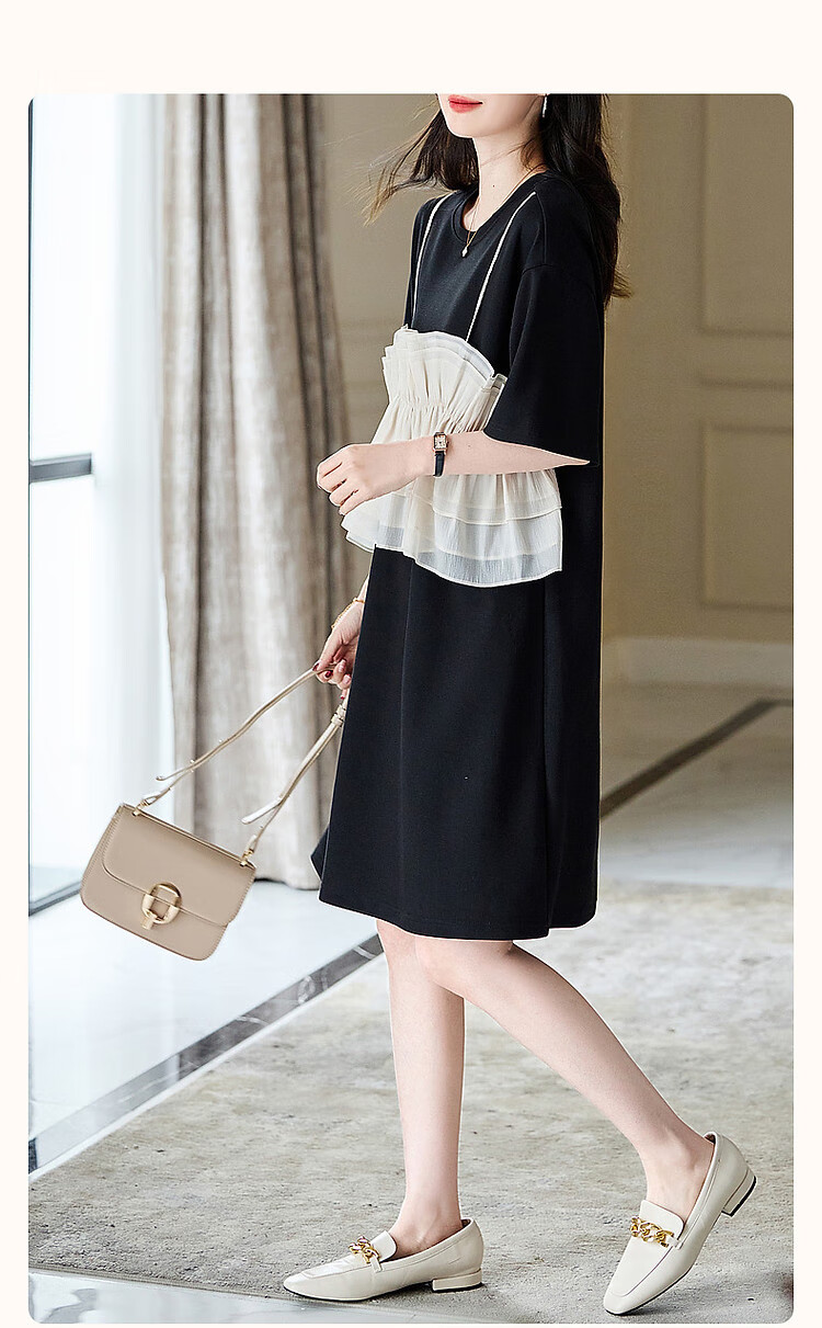 Dme [Light French Style Guide] Summer Round Neck Flowy Mesh Spliced Knit Gentle Knit Dress, Mid-Length for Wome 1