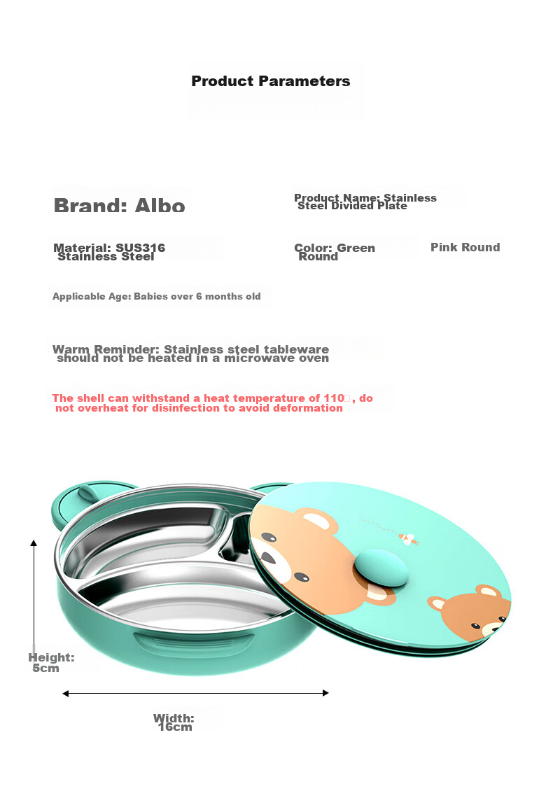 Albo Baby Divided Plate Infant Feeding Bowl with Suction Base Children's Tableware Insulated Water-Filled Bowl 16