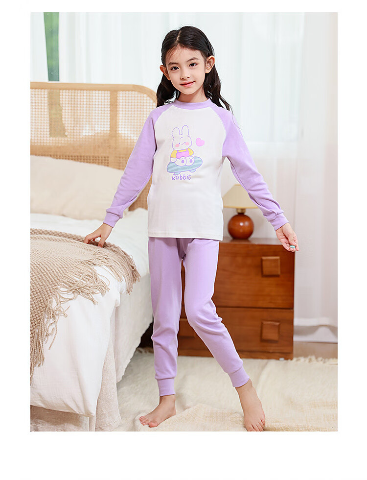 DEESHA 5A Antibacterial 100% Cotton Girls' Thermal Underwear, Student Mid to Big Kids Autumn Top And Pants, Light Pink Heart Rabbit, Size 120 6