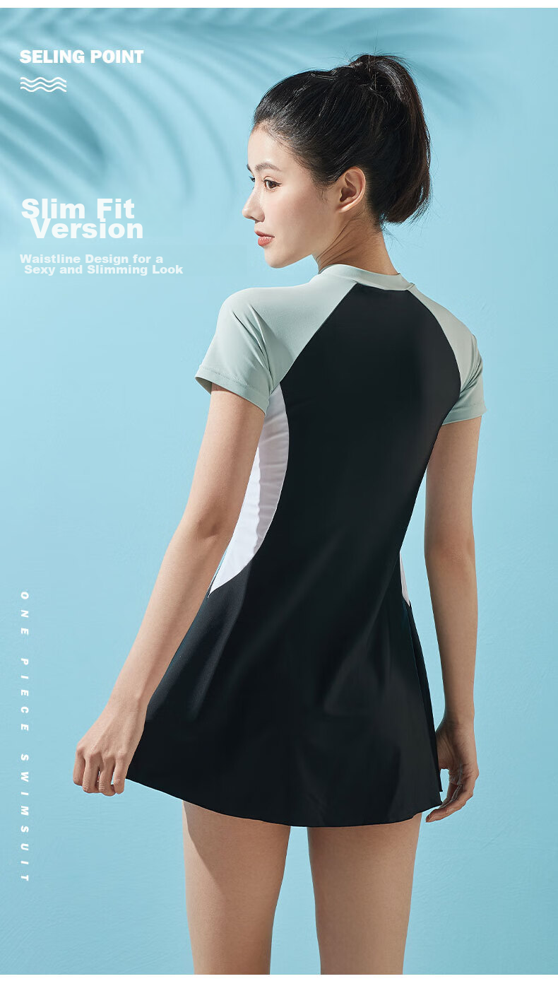 Li-Ning One-Piece Swimsuit Dress for Women, Shaping Waist, Contrasting Colors, High Elasticity, Breathable, Hot Spring Resort Swimwear 080 Black-Green XXL 7