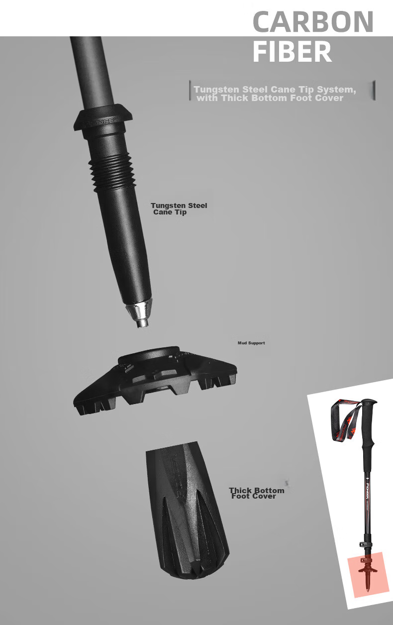 Pioneer Tenglongxing 6 Series, T800 Grade Carbon Fiber Ultra-Light Three-Section Telescopic Outdoor Trekking Pole, Cane, Black 10