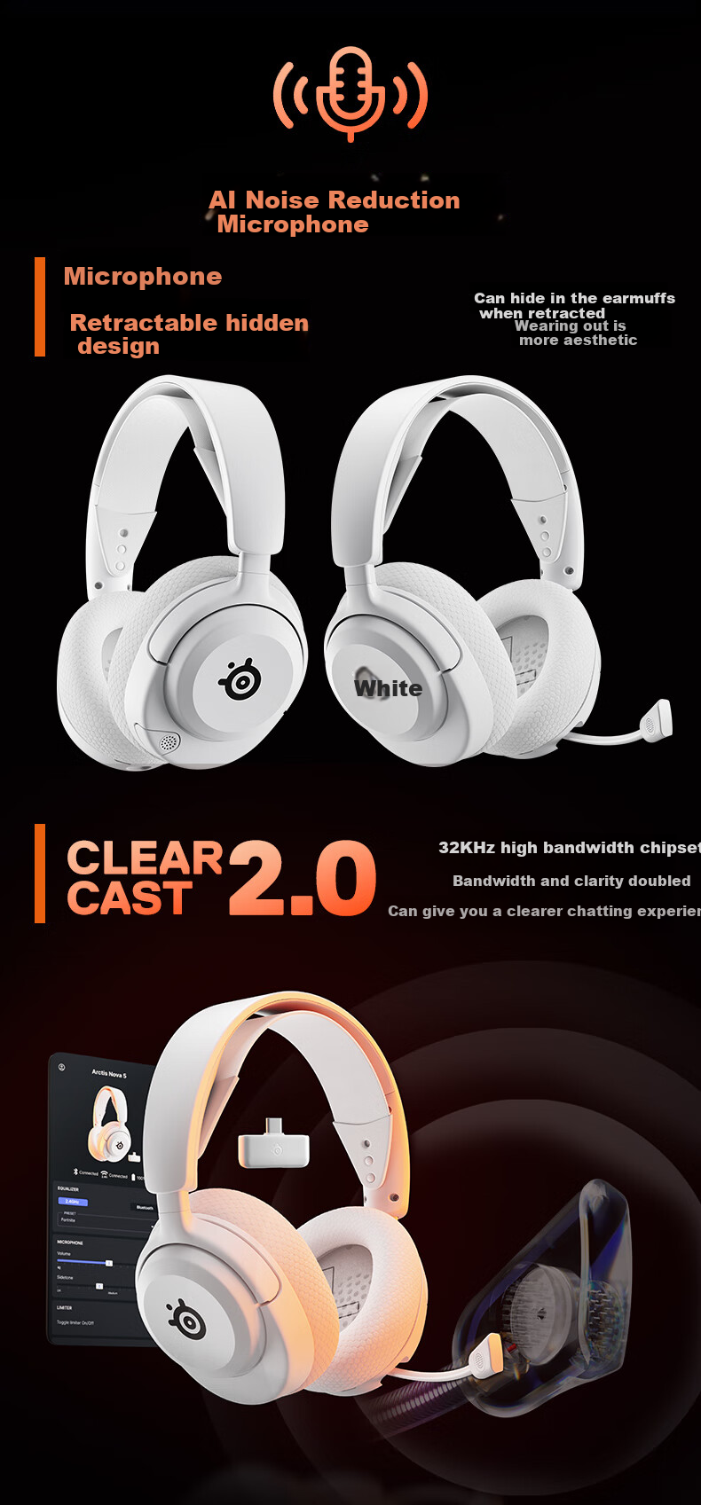 SteelSeries Hanbing Nova5P White, 2.4G/Bluetooth Headset, Dual Wireless Connection, Gaming E-Sports Computer Noise-Cancelling Headset, PS5 Enhanced, for CS:GO, PUBG, Gaokao 8
