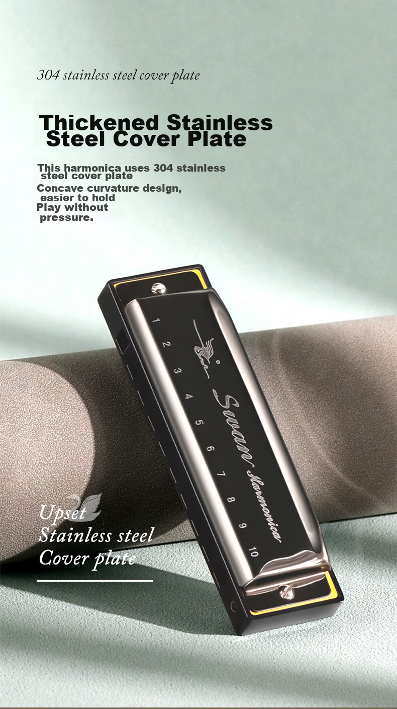 SWAN 10-Hole Bruce Harmonica, Internal Frosted Cover Plate, Beginner to Advanced Paddy Sound, C Key, Black 4