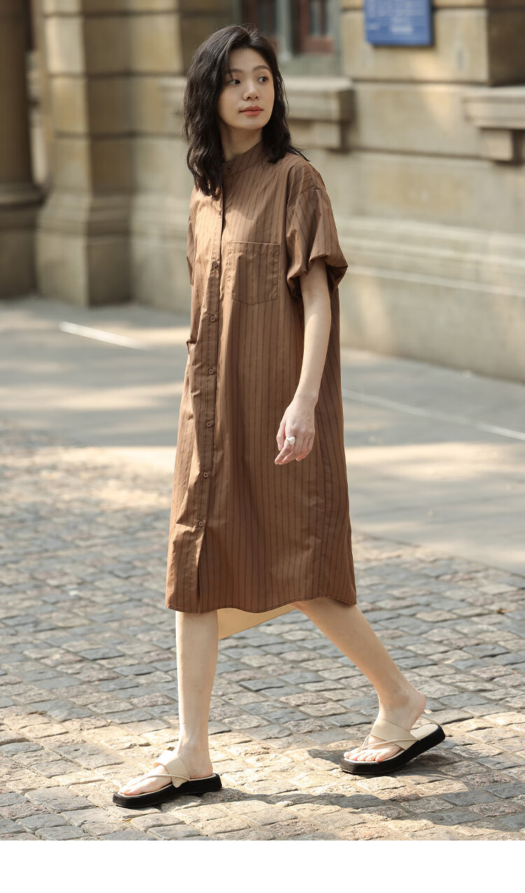 Dme Stand-Collar Striped Commuter Shirt Dress, Summer Puff Sleeve Striped Fabric Short-Sleeve Dress, Coffee Color, M 3