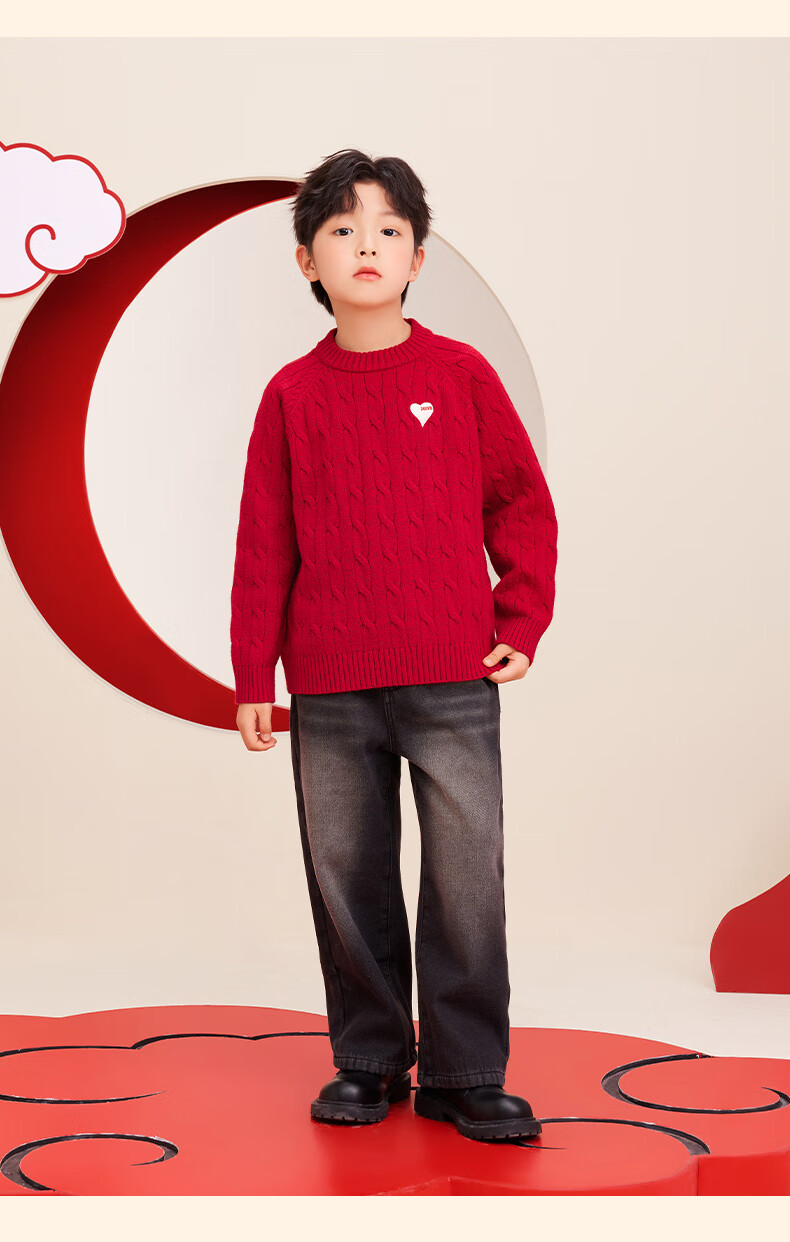 Zuoxi Boys' Red Sweater, Children's Thick Knit Pullover, 2025 New Style Boys' New Year Outfit, Winter Clothing, White, Size 140 18