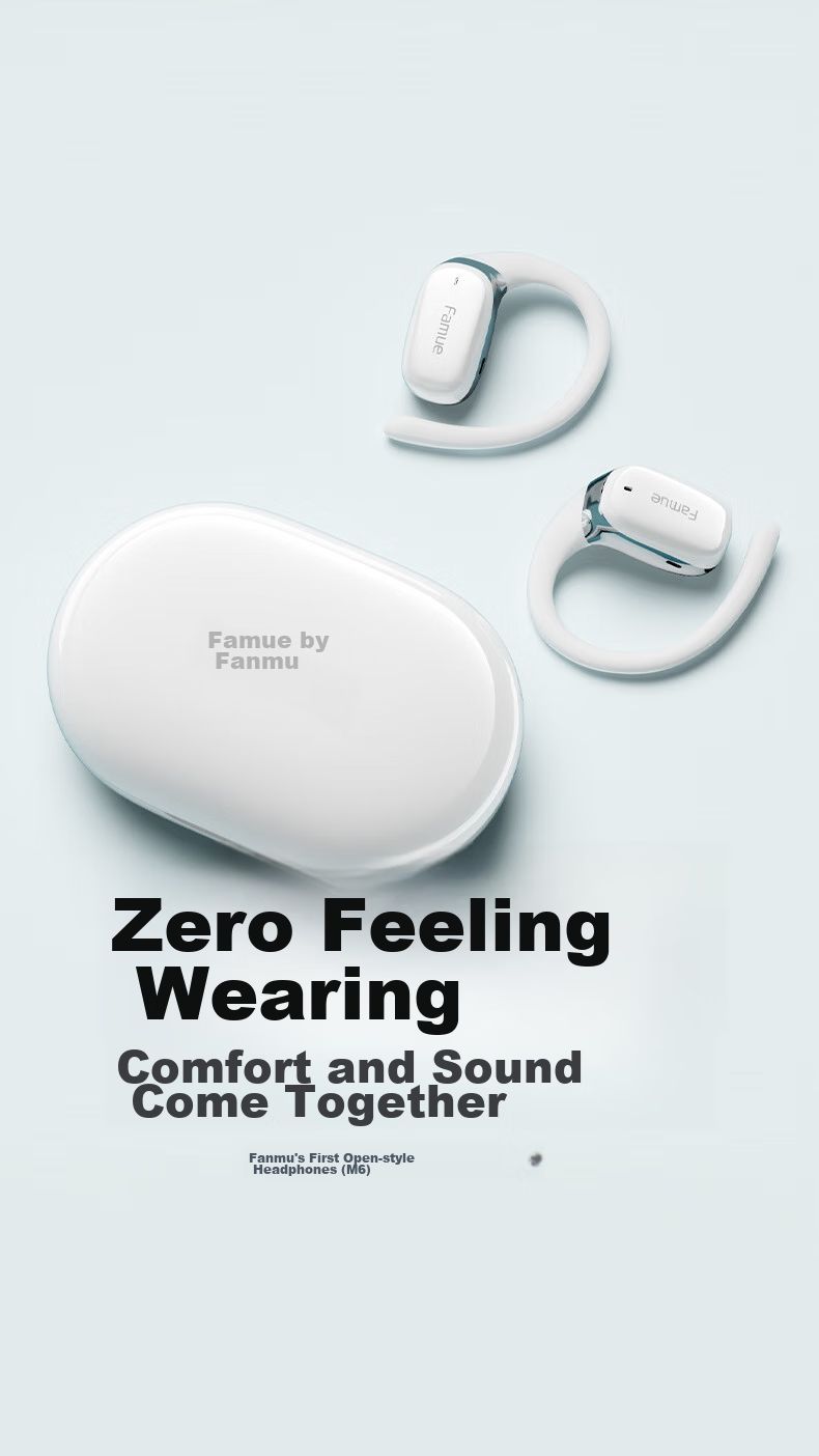 FAMUE M6 Ear-Hook Bluetooth Headphones, Bone Conduction Concept, True Wireless Open-Ear Design, for Sports And Running, Long-Lasting Battery Life, ENC Noise Cancellation Ear Clip, White 3